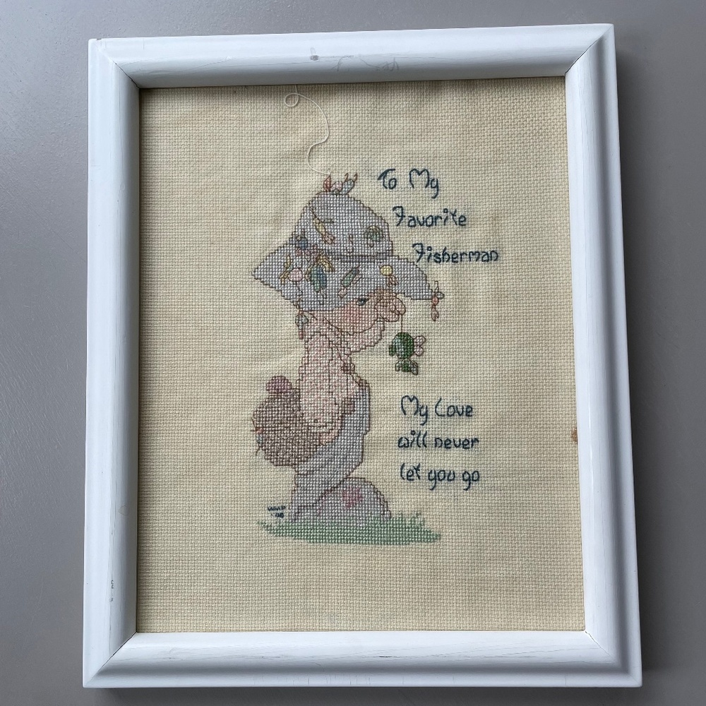 VTG Precious Moments Fisherman Completed Framed Cross Stitch